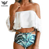 Image of Ruffle Vintage Bikinis Solid Top Print Bottom Bathing Suits