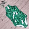 Image of One Piece Green Leaf Backless Scalloped Trim Beach Bathing Suits