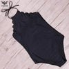 Image of One Piece Green Leaf Backless Scalloped Trim Beach Bathing Suits