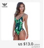 Image of One Piece Green Leaf Backless Scalloped Trim Beach Bathing Suits