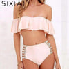 Image of Pink Solid Off Shoulder Bikini Cute Set