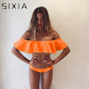Image of Pink Solid Off Shoulder Bikini Cute Set