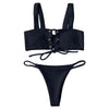 Image of Lace Up Ribbed Texture Bikini Low Waist Wire Free Bikini Set