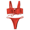 Image of Lace Up Ribbed Texture Bikini Low Waist Wire Free Bikini Set
