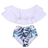 Image of Ruffle Vintage Bikinis Solid Top Print Bottom Bathing Suits
