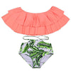 Image of Ruffle Vintage Bikinis Solid Top Print Bottom Bathing Suits