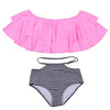 Image of Ruffle Vintage Bikinis Solid Top Print Bottom Bathing Suits
