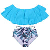 Image of Ruffle Vintage Bikinis Solid Top Print Bottom Bathing Suits