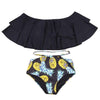 Image of Ruffle Vintage Bikinis Solid Top Print Bottom Bathing Suits