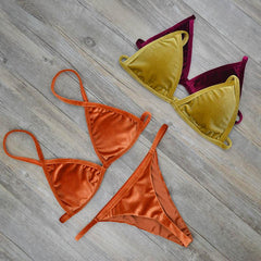 Dark Green Orange Gold Velvet Thong Bikinis Sets