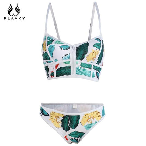 Sexy Floral Thong Zipper High Neck Plus Size  Bikini