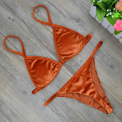 Dark Green Orange Gold Velvet Thong Bikinis Sets
