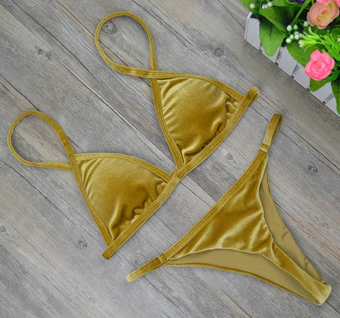 Dark Green Orange Gold Velvet Thong Bikinis Sets