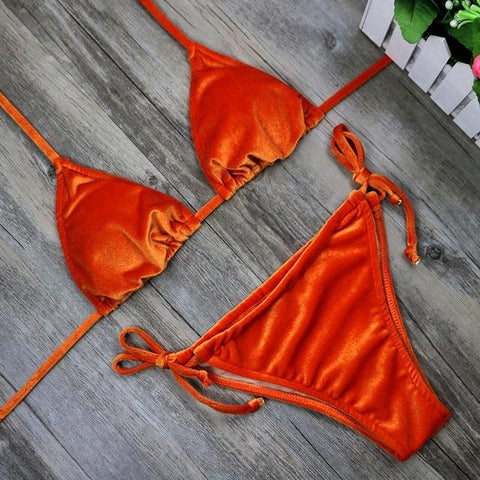Dark Green Orange Gold Velvet Thong Bikinis Sets