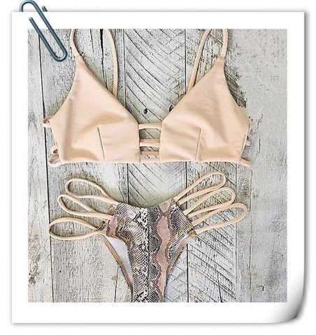 Snake Skin Printed Bikini Set Braid Thong