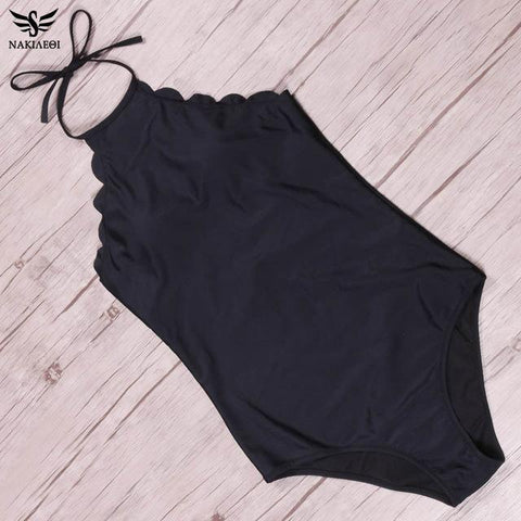 One Piece  Green Leaf Backless Scalloped Trim Beach Bathing Suits