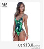 Image of One Piece  Green Leaf Backless Scalloped Trim Beach Bathing Suits