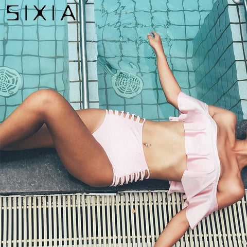 Pink Solid Off Shoulder Bikini Cute Set