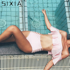 Pink Solid Off Shoulder Bikini Cute Set