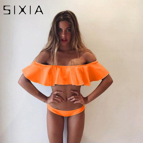 Pink Solid Off Shoulder Bikini Cute Set