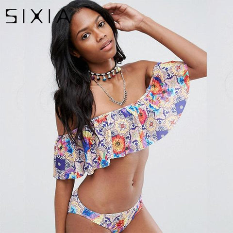 Pink Solid Off Shoulder Bikini Cute Set
