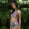 Image of Dark Blue Print Floral Hight Waist Two Piece Striped Bikini