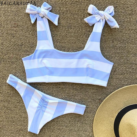 Blue Stripe Bow Knot Bikini Set