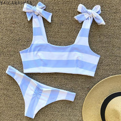 Blue Stripe Bow Knot Bikini Set