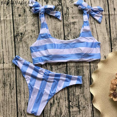 Blue Stripe Bow Knot Bikini Set