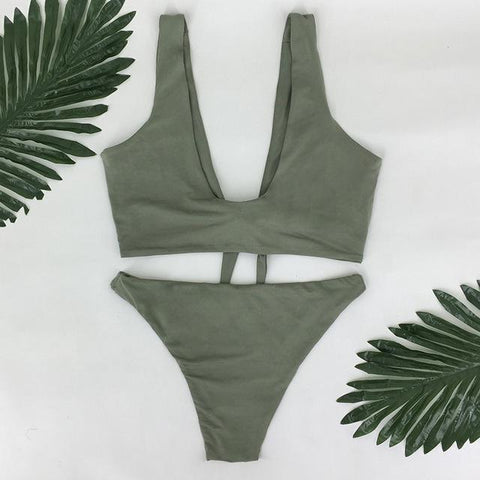 Two-Pieces Swimwear Solid Sleeveless Bodysuits Hollow Out Bikini Suit