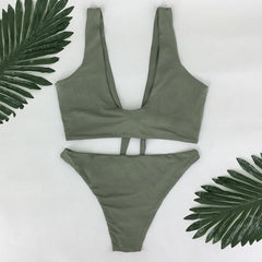 Two-Pieces Swimwear Solid Sleeveless Bodysuits Hollow Out Bikini Suit
