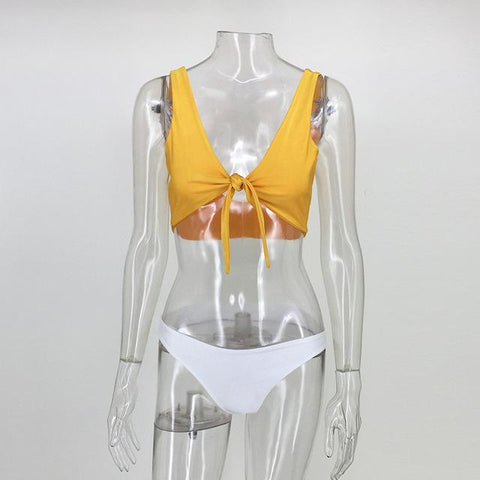 Two-Pieces Swimwear Solid Sleeveless Bodysuits Hollow Out Bikini Suit