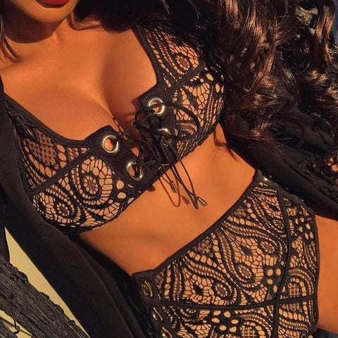 Black White Lace High Waist  Bikini Set