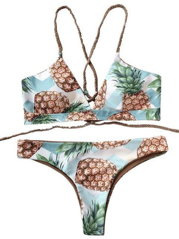 Back Strappy Pineapple Print Bikini Set