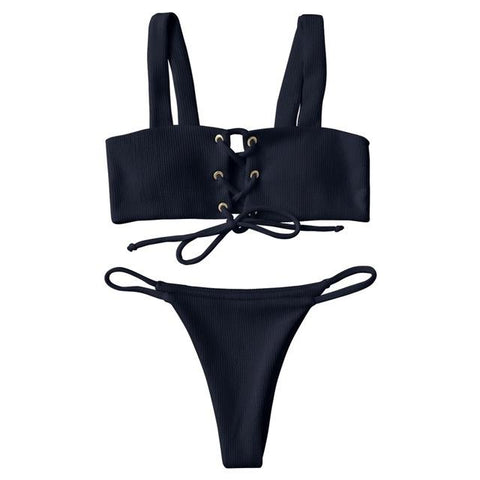 Lace Up Ribbed Texture Bikini Low Waist Wire Free Bikini Set