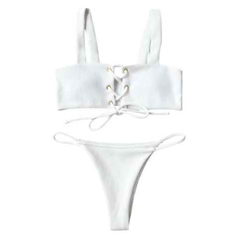 Lace Up Ribbed Texture Bikini Low Waist Wire Free Bikini Set