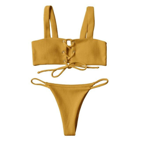 Lace Up Ribbed Texture Bikini Low Waist Wire Free Bikini Set