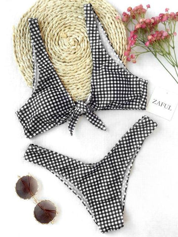 New Thong Plaid Front Tie Bikini Set