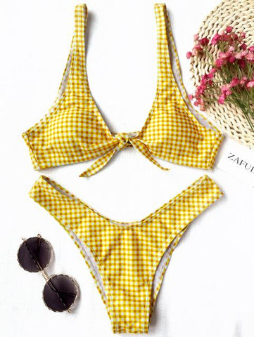 New Thong Plaid Front Tie Bikini Set