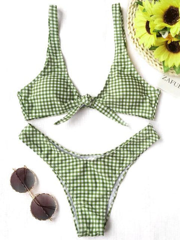 New Thong Plaid Front Tie Bikini Set