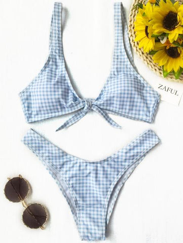 New Thong Plaid Front Tie Bikini Set