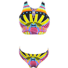 High Neck Cropped  Junior Brazilian Retro Print Padded Bikini Set