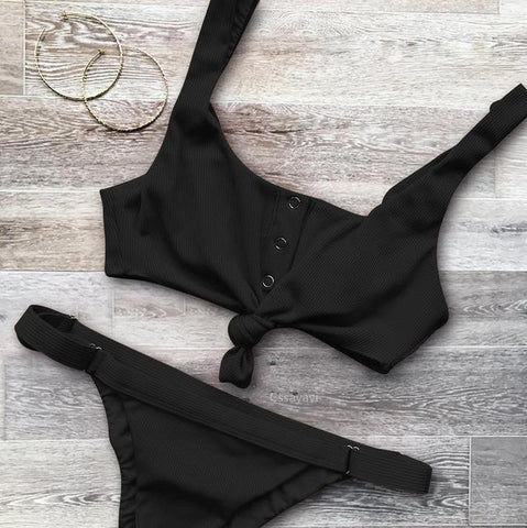 Solid V Neck Bikinis Set