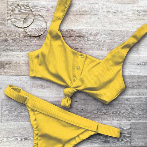 Solid V Neck Bikinis Set