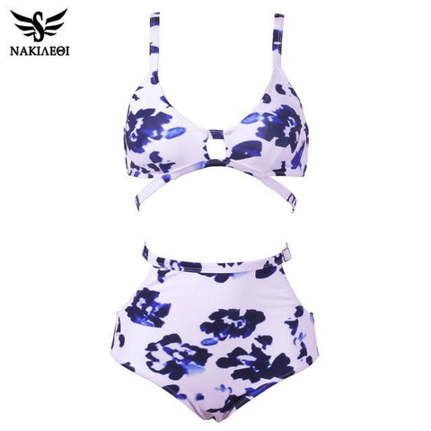 Print High Waist Swimsuit Push Up  Retro Bandage Bikini Set