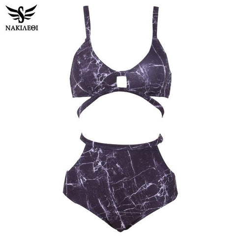 Print High Waist Swimsuit Push Up  Retro Bandage Bikini Set