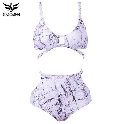 Print High Waist Swimsuit Push Up  Retro Bandage Bikini Set