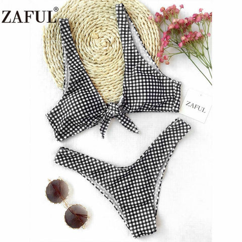 New Thong Plaid Front Tie Bikini Set