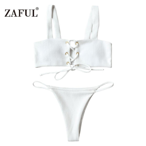 Lace Up Ribbed Texture Bikini Low Waist Wire Free Bikini Set