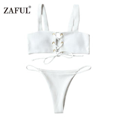 Lace Up Ribbed Texture Bikini Low Waist Wire Free Bikini Set